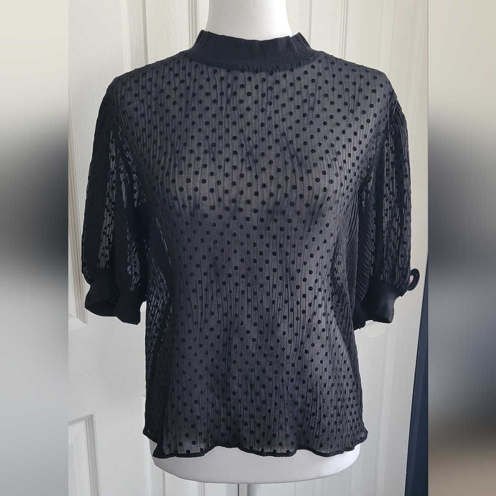 Zara Whimsigoth Black Sheer Textured Polka Dot Blouse, Puff Sleeves, Women's XS